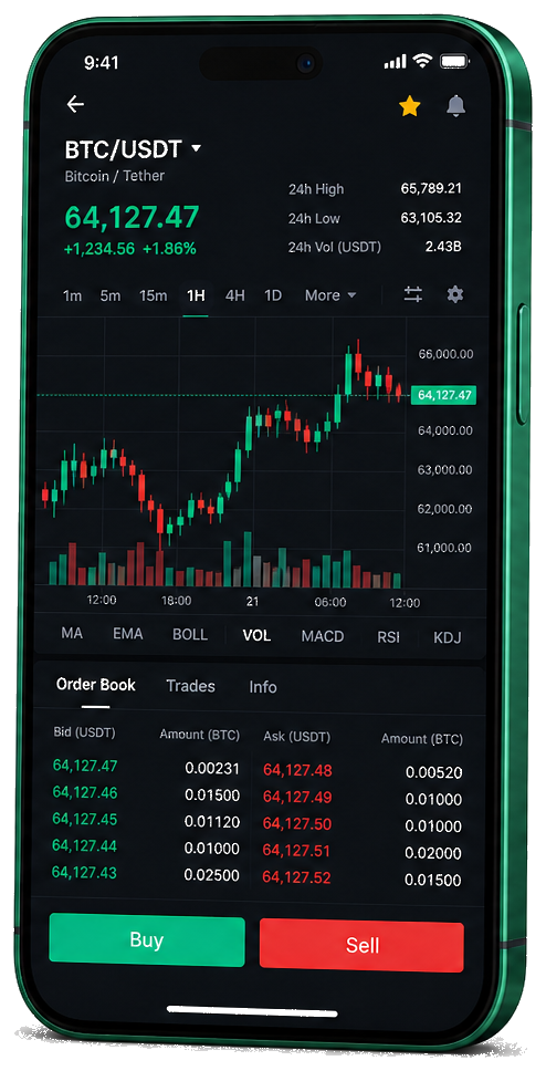 Invero mobile trading interface displaying a live BTC/USDT chart, order book, and buy and sell actions
